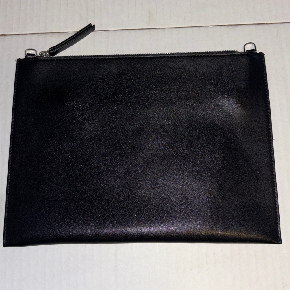 M&S COLLECTION BLACK VEGAN LEATHER CLUTCH HAS SILVER HARDWARE LOOPS FOR A CHAIN